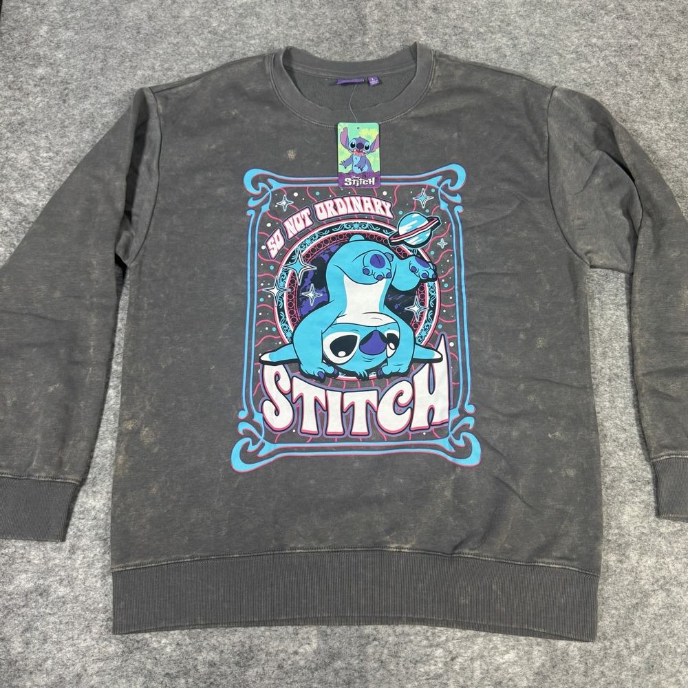 Disney Stitch So Not Ordinary Graphic Sweatshirt Acid Wash Gray Large NWT